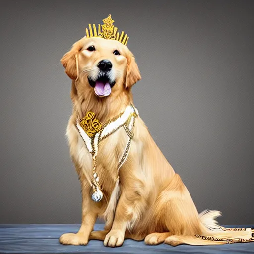 Image similar to Photomanipulation of golden retriver is dressed as a king, Royal standing, ultrarealism, photorealism, detailed, crown and gown