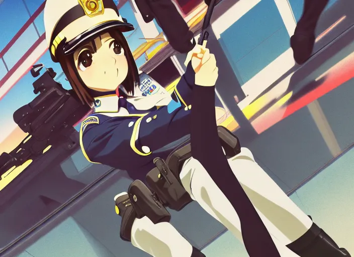 Prompt: anime film visual illustration police woman outside her patrol car, cute face by ilya kuvshinov, makoto shinkai, kyoani, masakazu katsura, dynamic pose, crisp and sharp, yoshinari yoh, rounded eyes, anime poster, ambient light, focused, flat, cel shaded