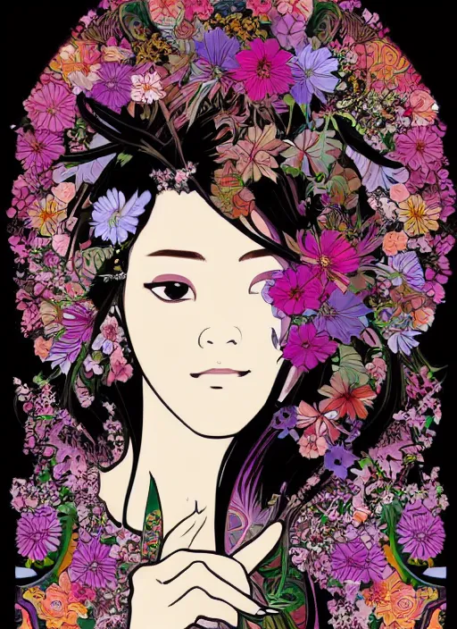 Prompt: !!! very coherent!!! vector art, beautiful floralpunk thai cyborg portrait girl female illustration detailed patterns art of thai traditional dress, flower pop art, floral splash painting, art by ashley wood, alphonse mucha, makoto shinkai, geof darrow, dark shadow