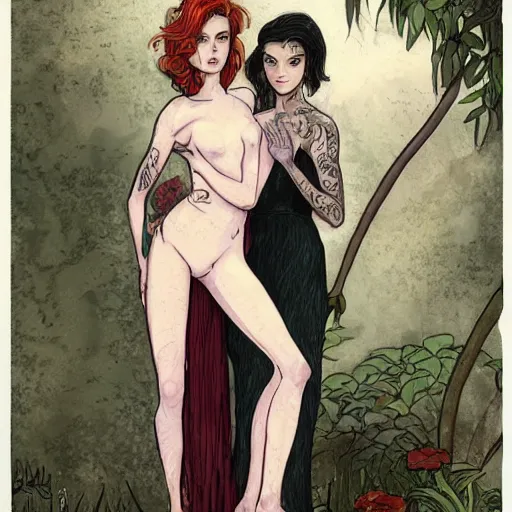 Image similar to modest short - haired tattooed heroic stoic handsome muscular blonde butch tomboy woman engineer in jumpsuit standing beside dark fae feathered modest gothic jennifer connelly in long dress, standing together in a beautiful lush garden at night, in love, highly detailed, trending on art station, illustration, oil painting, mignola, mucha, comic book