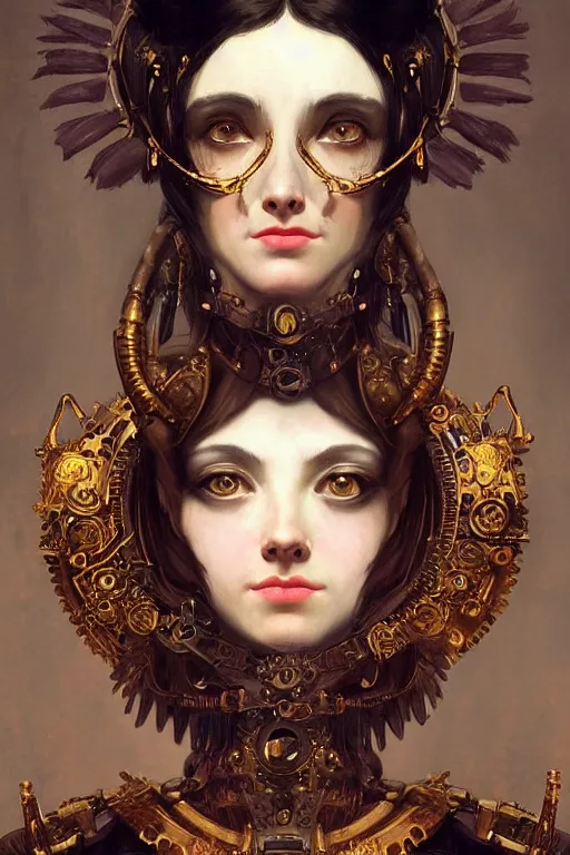 Image similar to portrait, headshot, digital painting, of a 17th century, beautiful clockwork cyborg girl merchant, dark hair, amber jewels, baroque, ornate clothing, scifi, futuristic, realistic, hyperdetailed, underexposed, chiaroscuro, concept art, art by waterhouse and caravaggio