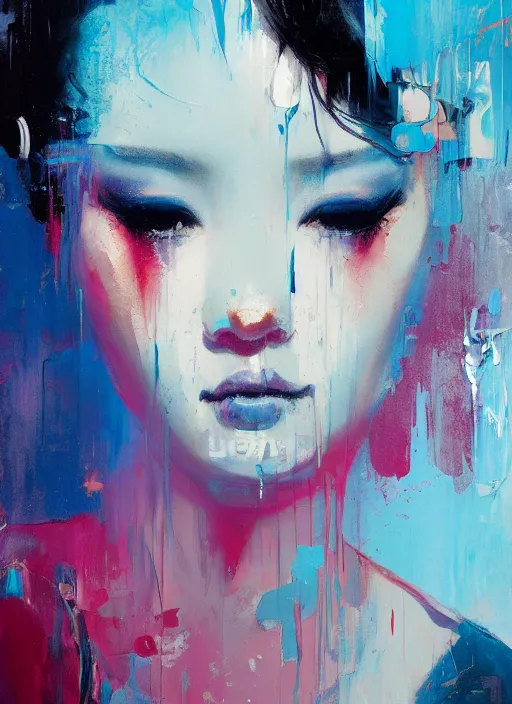 Prompt: portrait of a geisha, night club, intimate, pastel blue colors, beautiful face, rule of thirds, spotlight, drips of paint, expressive, passionate, by greg rutkowski, by jeremy mann, by francoise nielly, digital painting