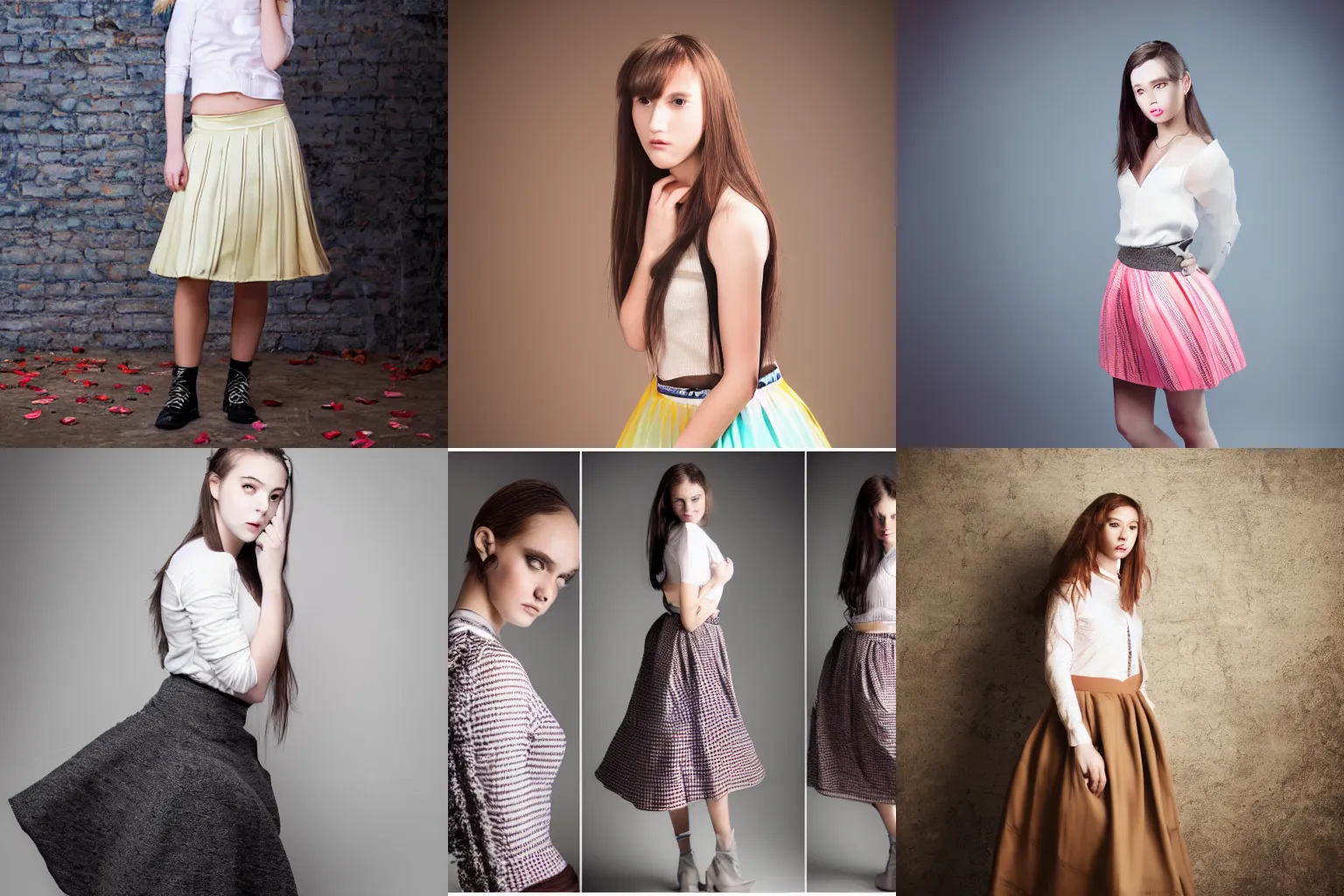 Prompt: beautiful young fashion model in a yoke skirt, studio photography