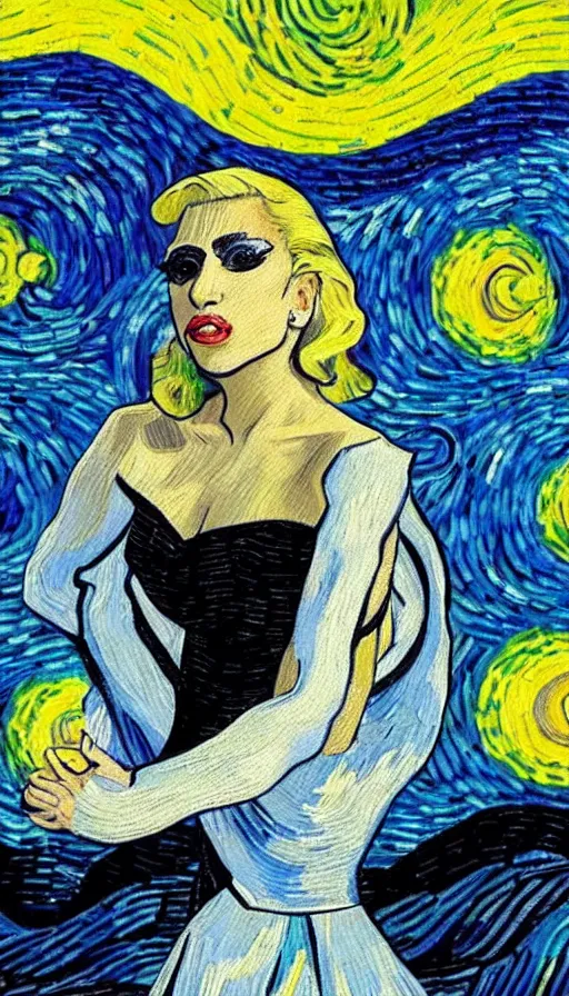 Prompt: A painting of Lady gaga in the style of Vincent van Gogh, starry night, blue yellow. perfectly-centered-painting of Lady Gaga, film still, dynamic action pose, insane detail, intricate, highly detailed, Zeiss Lens, DSLR photography, smooth, sharp focus, 8K