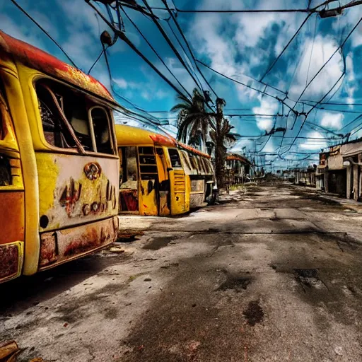 Image similar to low wide angle shot of dilapidated fallout 5 miami, tropical coastal city, desolate, dilapidated neon signs, few rusted retro futuristic vintage parked vehicles like cars, buses, trucks, trams, volumetric lighting, photorealistic, fog, daytime, autumn, overcast weather, sharp focus, ultra detailed, 4 0 0 0 k
