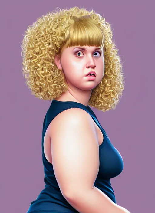 Image similar to full body portrait, teenage betty cooper, blonde hair, obese, bangs, ponytail, sultry, realistic, sultry smirk, fluffy bangs, curly bangs, fat, belly, beautiful girl, intricate, elegant, highly detailed, digital painting, artstation, concept art, smooth, sharp focus, illustration, art by wlop, mars ravelo and greg rutkowski