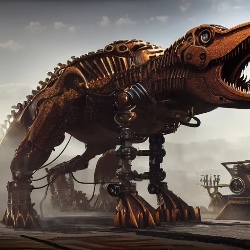 Prompt: A steampunk tyrannosaurus, cogs and wheels, mechanical hydraulics, epic composition, volumetric lighting, 8k, octane render, trending on ArtStation