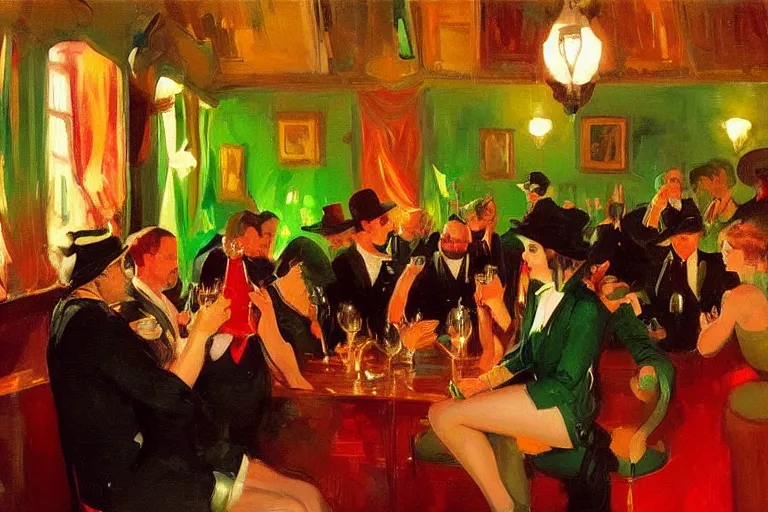 Image similar to glam rockers drinking wine, inside a green saloon with red lights by joaquin sorolla, greg rutkowski, bill sienckiwicz, extremely detailed