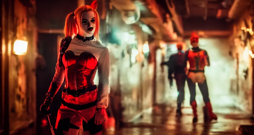 Image similar to real-life Harley Quinn, cinematic, Wide-shot, atmospheric lighting, directed by Quentin Tarantino, extreme detail, 8K, movie still