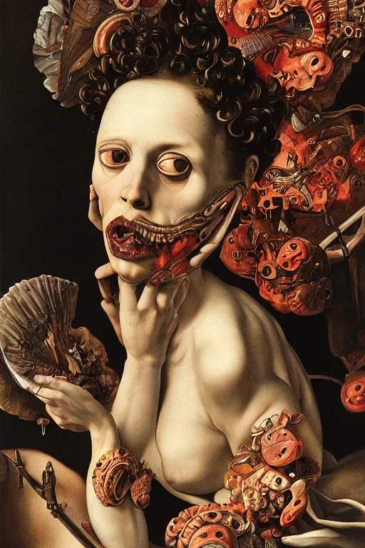 Image similar to Detailed maximalist portrait with large lips and with large, wide eyes, sad expression, extra bones, flesh, HD mixed media, 3D collage, highly detailed and intricate, surreal, illustration in the style of Caravaggio, dark art, baroque