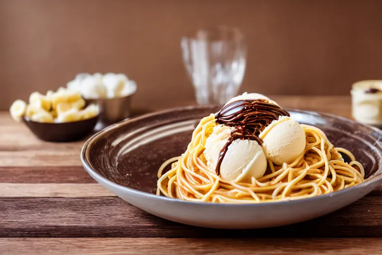 Prompt: macro shot of spaghetti with ice cream and banana and chocolate sauce, on a wooden table, 8 2 9, natural light, cinematic lighting, 8 k, food photography