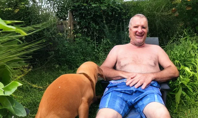 Image similar to My dad Steve just took a hit from the bongo and have good time being gracefully relaxed in the garden, sunset lighting. My second name is Carell. My dad second name is Carell. Im the dog