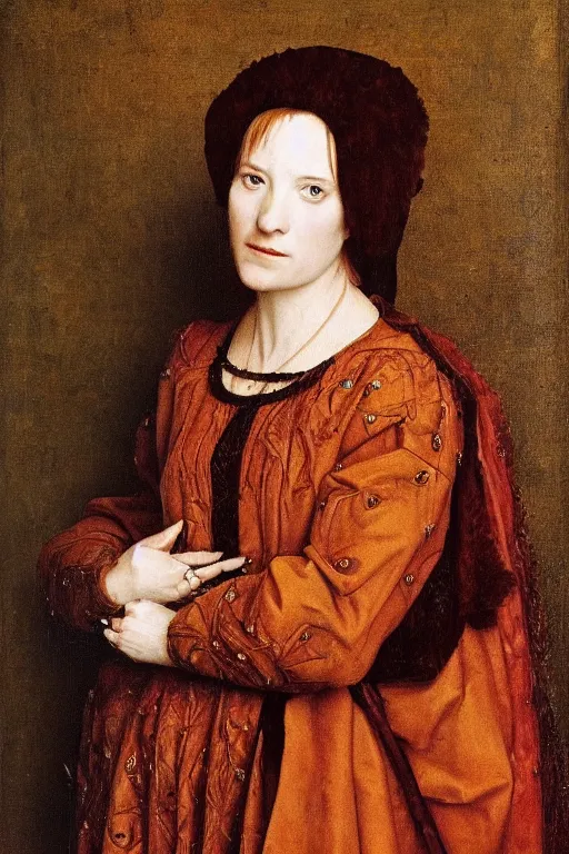 Image similar to portrait of juliette lewis, oil painting by jan van eyck, by hans holbein, northern renaissance art, old masters, alla prima, realistic, expressive emotions, intricate textures, illusionistic detail, masterpiece