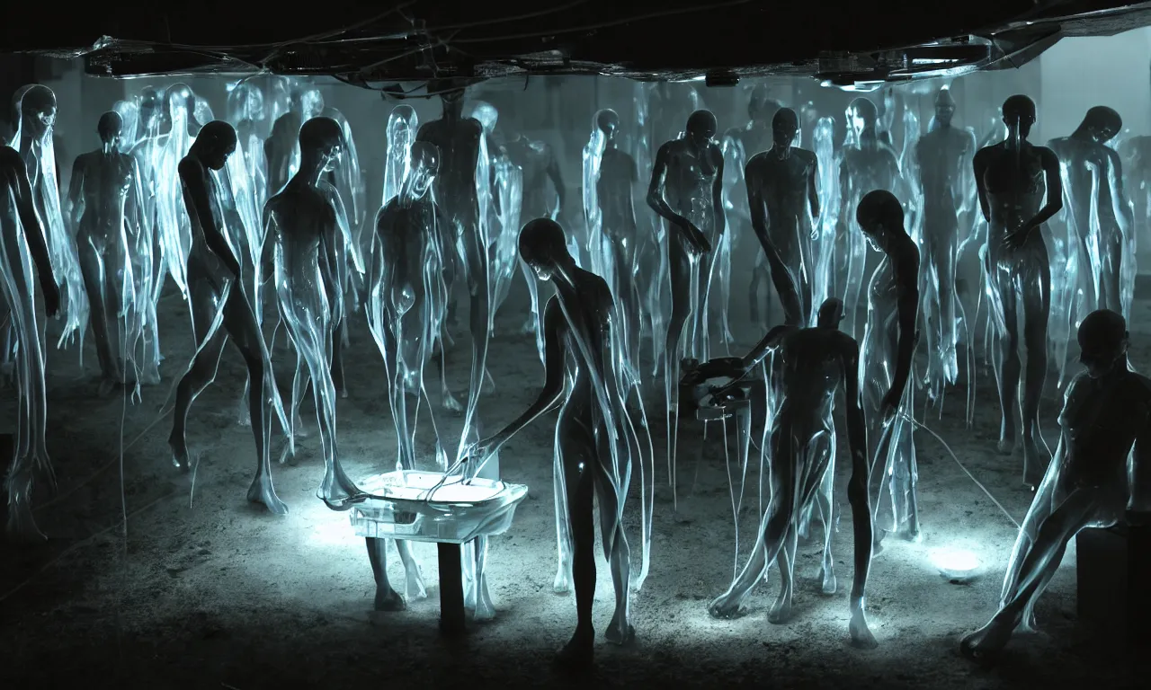 Prompt: wet translucent aliens making surgery of human in dark alien spaceship laboratory, with electric arc devices, lightnings, dramatic shadows cast on dirty ground, showcases full of embryos, soft smoke, volumetric lighting, subsurface scattering, dramatic lighting, high detail, from new scifi by digital domain and weta digital, strong ambient occlusion, matrix movie color grading
