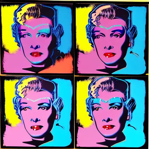 Image similar to old - style cyborg, 6 panels by andy warhol, with highly contrasted colors and an illuminating background