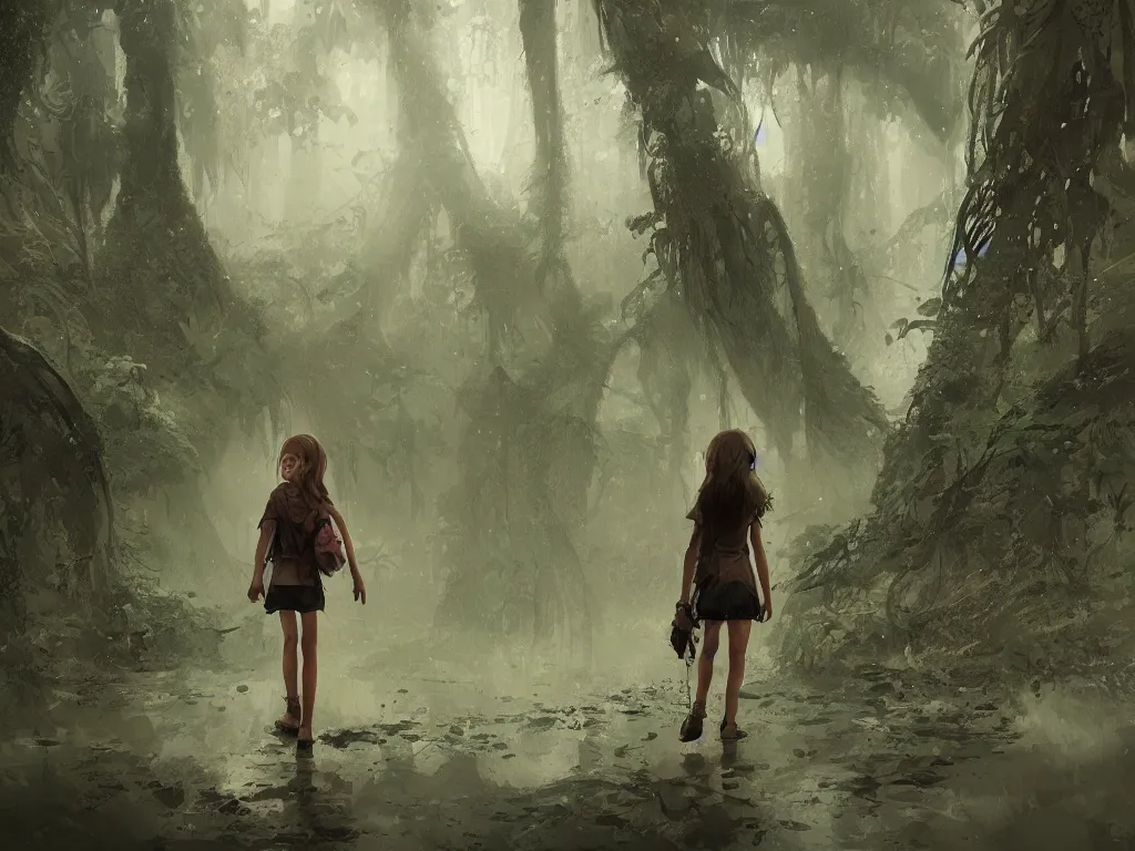 Image similar to a girl in the form of a hunter walking through a rain forest, gloomy picture, illustration, highly detailed, digital painting, concept art, art by wlop, masterpiece