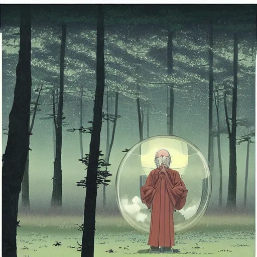 Prompt: an old wizard trapped inside a floating soap bubble among the trees, ethereal, fantasy, style of kawase hasui, dramatic lighting