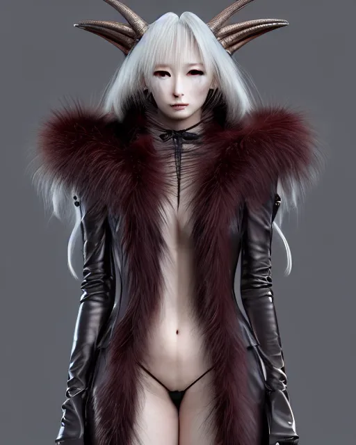 Image similar to fur - lined dragonhide jacket!!! beautiful and elegant female!! gorgeous ayes!! character concept art, sharp focus, illustration, kinu nishimura!! ayami kojima! shunya yamashita! edayan!! marc brunet!! octane render! unreal engine 5! highly rendered!! trending on artstation!! pixiv!