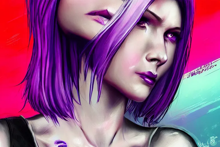 Prompt: flirty portrait of a blonde cyberpunk hottie with white french bob style hair and tattooed purple skin everything below her chin highly detailed, elegant, attractive, artstation, 16k, smooth, sharp focus, trending on ArtStation
