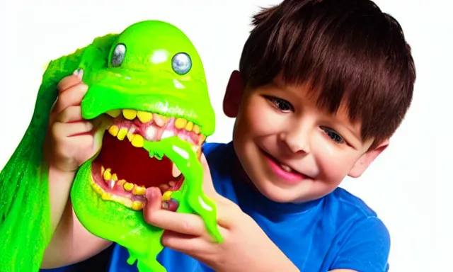 Image similar to kid playing with slime monster, realistic, toy commercial photo