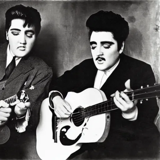 Image similar to elvis and marcel proust jamming together in paris, 1 9 2 2, oil painting,