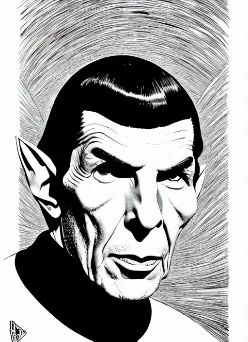 Prompt: leonard nimoy as spock, extremely detailed, bold line art, by vincent di fate and joe fenton and artgerm, inking, etching, screen print, masterpiece, trending on artstation, sharp, high contrast, hyper realistic, hd, 4 k, 8 k