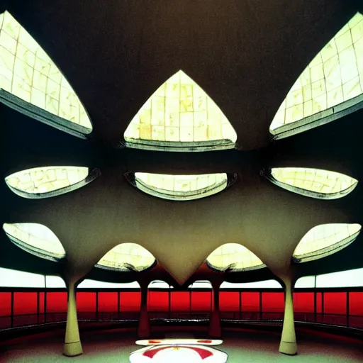 Image similar to eerie dark interior of a futuristic lotus temple with gold, red and white marble panels, shafts of sunlight in the centre, in the desert, by buckminster fuller and syd mead, intricate contemporary architecture with art nouveau motifs, photo journalism, photography, cinematic, national geographic photoshoot