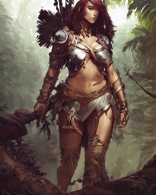 Prompt: digital art of a warrior woman in a jungle wearing heavy medieval knights armor, character art, by greg rutkowski, detailed body and face, beautiful face, anime style, 4 k, dnd