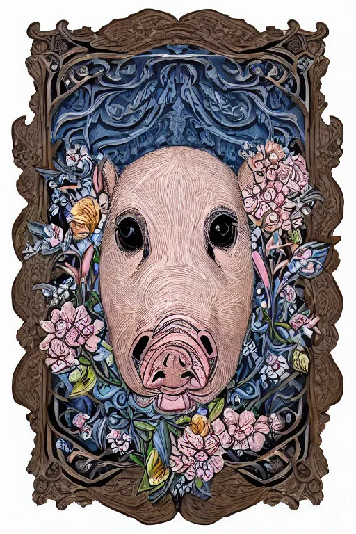Image similar to Painted dark-wood panel relief carving of a close up of a Flowerpunk Piglet, White and pale blue toned, ornate border frame, explosion of colorful flowers, dark wood, intricately carved, black ink, festival of rich colors, intricate details, cinematic lighting, volumetric lighting, post-processing, art nouveau, tarot, fractal art, mandala, by andreas rocha and john howe, and Martin Johnson Heade, featured on artstation, featured on behance, golden ratio, hyper detailed, photorealistic, epic composition, center spotlight, f32, well composed, symmetrical, UE5, 8k