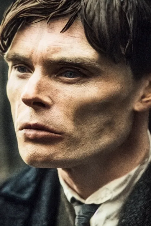 Prompt: portrait Cillian Murphy in Peaky Blinders confused, angry beautiful face, Perfect detailed face, front view fire in the background, dramatic, gloomy, dark, bleak, cheerless, desolate, impressive, tragic, cinematic, dull colours, dark colour scheme, atmospheric by Christopher Nolan