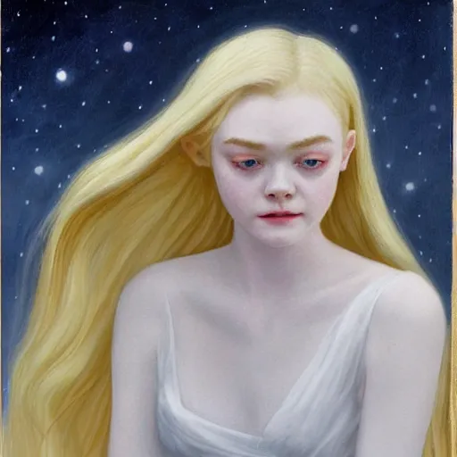 Image similar to Painting of Elle Fanning in the ringed city during the eclipse, long blonde hair, delicate, pale milky white porcelain skin, by Edward Hopper. 8K. Extremely detailed.