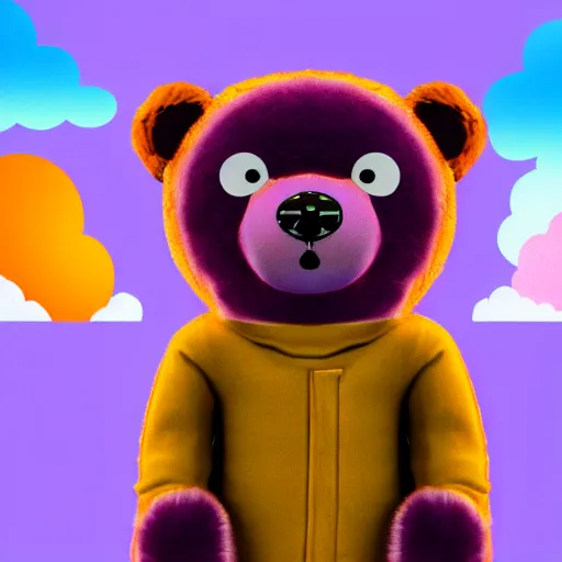 Image similar to cartoon animated bear wearing clothes being launched out of a futuristic machine into a purple and orange cloud land