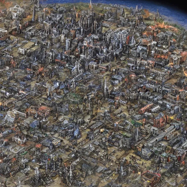 Prompt: Satellite image of Warhammer 40K city