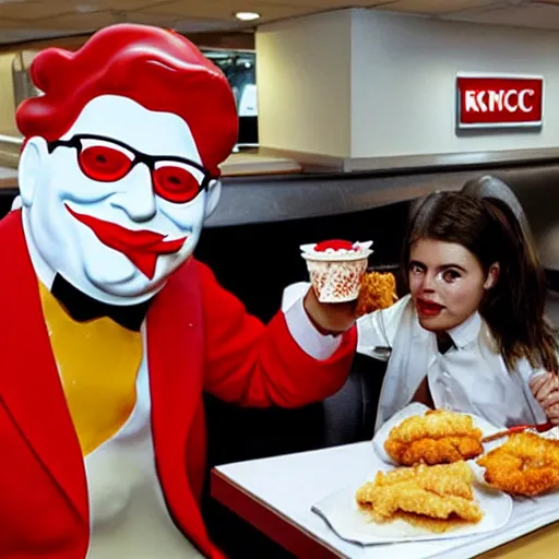 Image similar to Ronald McDonalds eating in a KFC with the Colonel