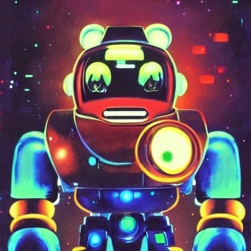 Prompt: a dark and colorful close - up of a sci - fi mecha supermario robot with led lights glowing fog in the background. highly detailed science fiction painting by norman rockwell, frank frazetta, and syd mead. rich colors, high contrast, gloomy atmosphere, dark background. trending on artstation