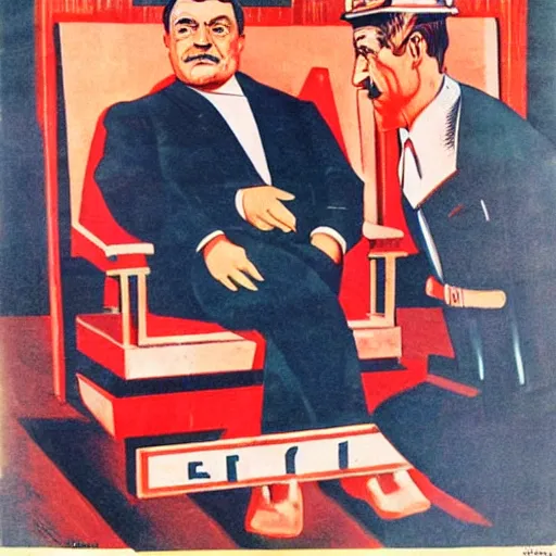 Image similar to viktor orban sitting in the lap of stalin, soviet propaganda poster art from 1 9 5 0