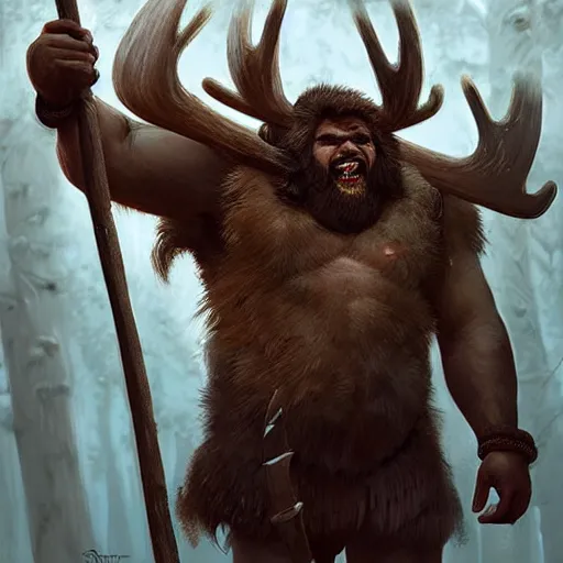 Image similar to hairy barbarian with moose head, digital art, greg rutkowski