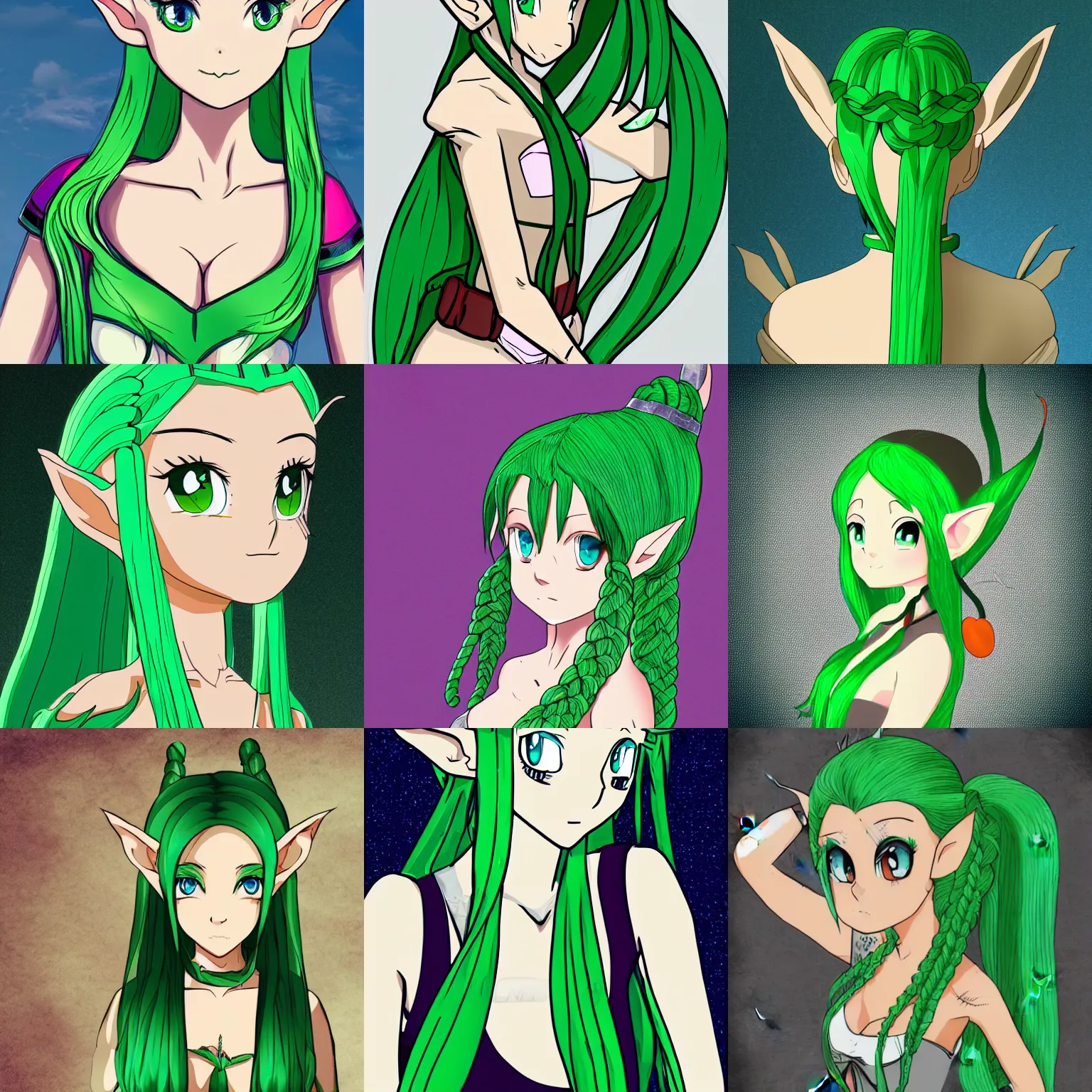 Prompt: beautiful elf girl with braided green hair posing, anime cell shaded