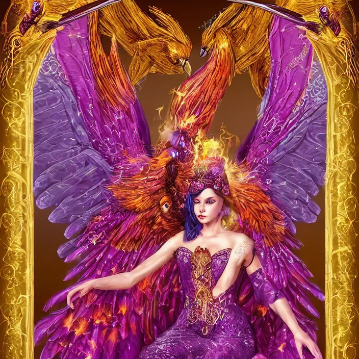 Image similar to Princess sorceress with red flaming bird wings on her back and sitting on an ornate throne dressed in a fancy long purple dress, beautiful realistic symmetrical defined face, Slight smile and open eyes, anatomically correct, Fantasy, Full Body Portrait, High detail, hyper realistic