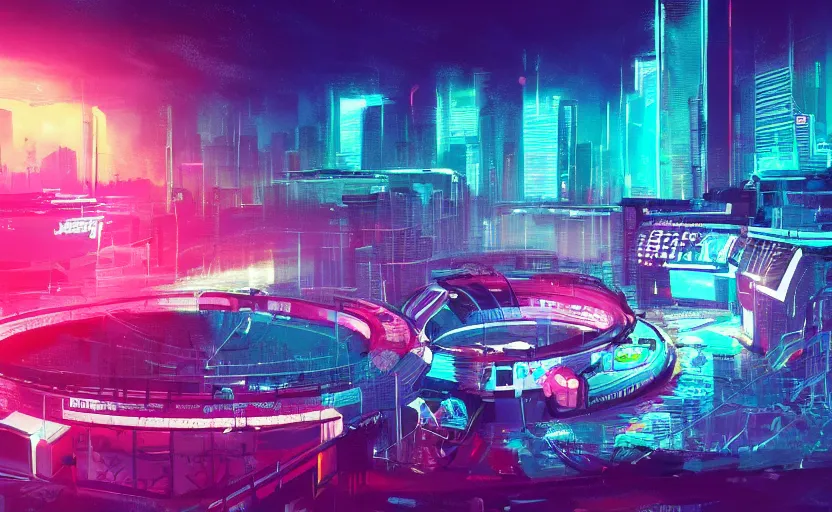 Prompt: sport ring, cyberpunk, rooftop, teal neon lights, highly detailed, digital painting, artstation, concept art, sharp focus, illustration