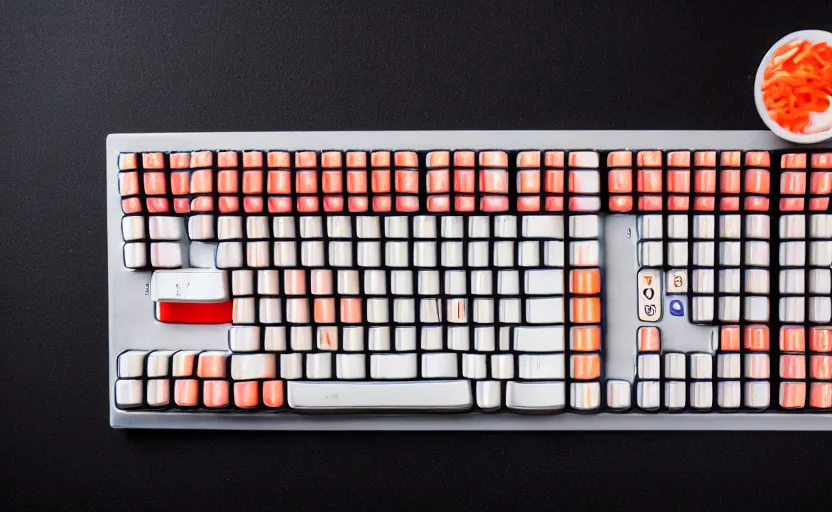 Image similar to product photography of a computer keyboard with keys made out of sushi, on a platter, studio lighting, detailed