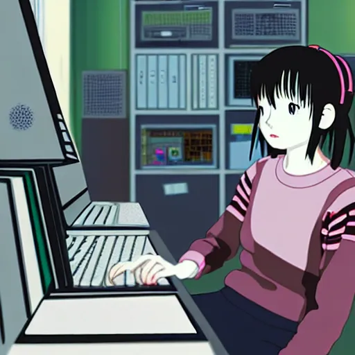 Image similar to full view of girl studying at her future computer, from serial experiments lain, style of yoshii chie and hikari shimoda and martine johanna and studio ghibli, highly detailed