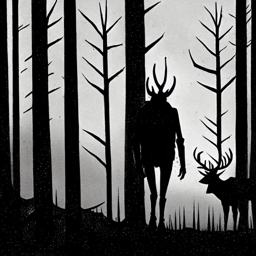 Prompt: Emma Rios and Steve Niles comic, Wendigo monster with deer skull face, antlers, furry brown body, tall and lanky skinny, walking through the forest, very dark night time, ominous moody lighting, spooky, scary, foggy, fog