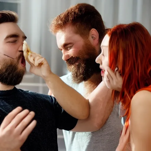 Image similar to a man gently slapping a woman in the face with a lizard. The man has a dark well groomed beard, the woman is attractive with straight red orange hair in the face with a lizard