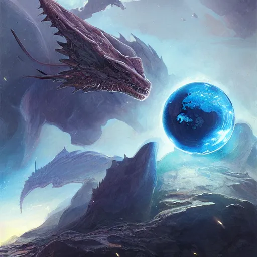 Image similar to Blue scaled dragon devouring an earth like planet in space, sun system, nebula in the background, oil painting, by Fernanda Suarez and Edgar Maxence and Greg Rutkowski