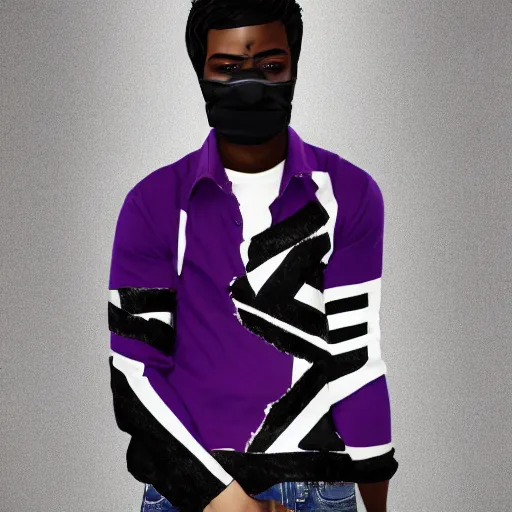 Image similar to professional digital art of a full-body view of a stylish young adult man with short hair wearing a black face mask, a striped long-sleeved shirt, and ripped jeans, high quality, HD, 8K, highly detailed, award-winning, dark purple clouds