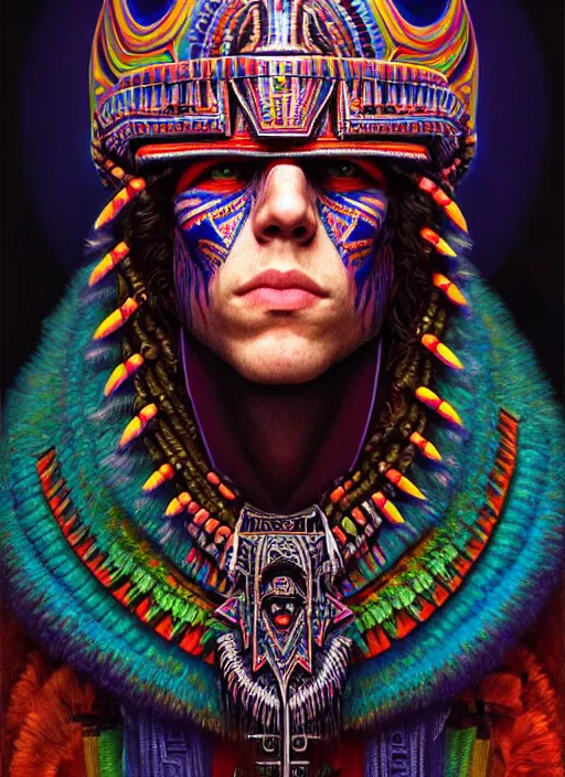 Image similar to portrait of jesse eisenberg, hyper detailed ultra sharp aztec shaman warrior. trending on artstation, warpaint aesthetic, bloodwave, colorful, psychedelic, ornate, intricate, digital painting, concept art, smooth, sharp focus, illustration, art by artgerm and greg rutkowski and h. r. giger, 8 k