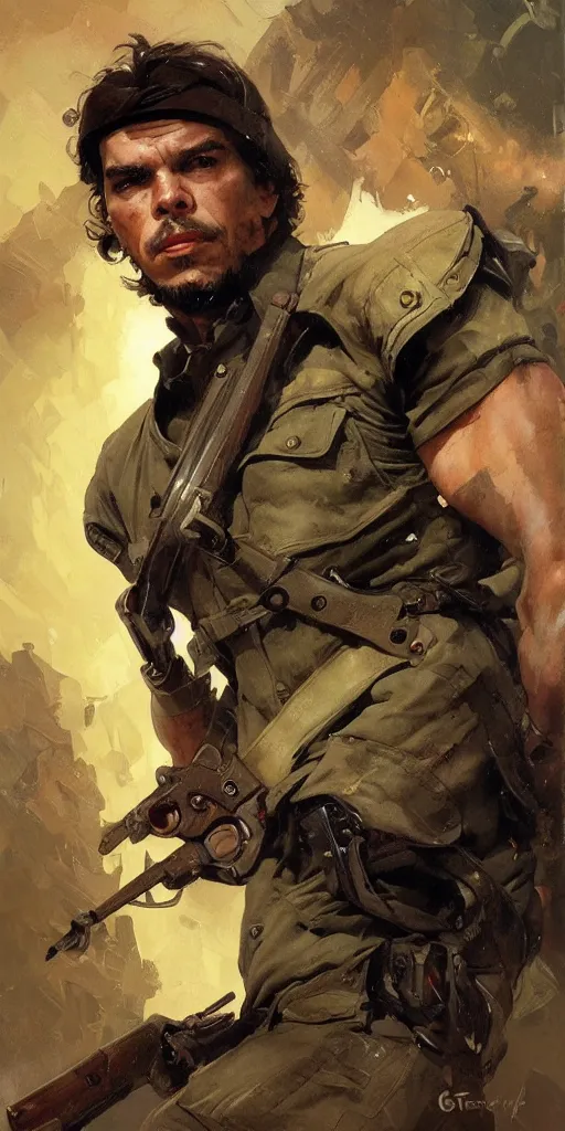 Image similar to che guevara profile picture by greg rutkowski, dynamic pose, intricate, futuristic, fantasy, elegant, by stanley artgerm lau, greg rutkowski, thomas kindkade, alphonse mucha, loish, thierry mugler, norman rockwell, 3 d