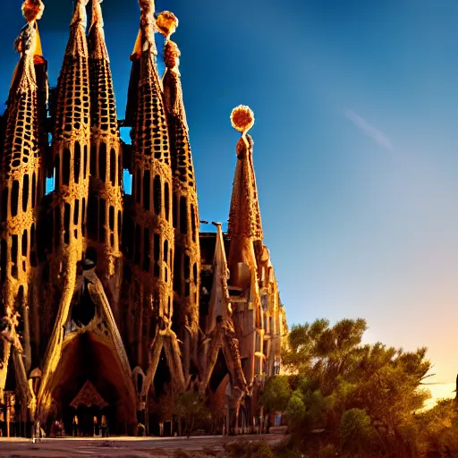 Image similar to time magazine photo, la sagrada familia in a beautiful scenic epic desert, surreal, epic composition, rule of thirds, 4 k wallpaper, golden hour, dramatic lighting,