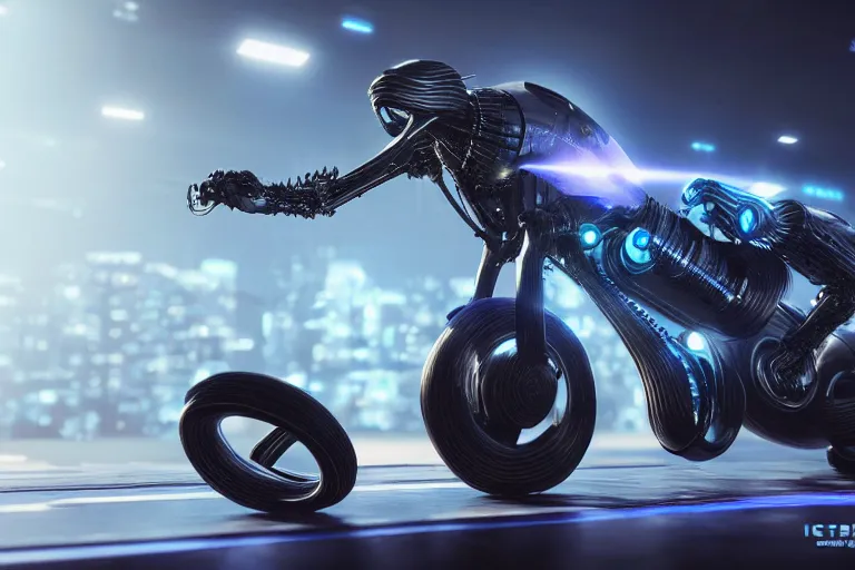 Image similar to cyberpunk alien concept inspired bike, futuristic look, highly detailed body, very powerful, photorealistic camera shot, bright studio setting, studio lighting, crisp quality and light reflections, unreal engine 5 quality render